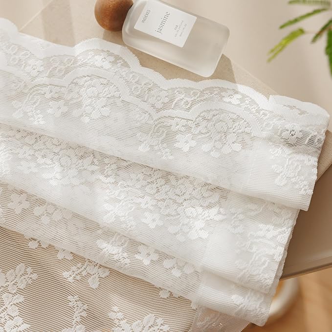 Anmao Vintage White Lace Curtains 108 Inches Long 2 Panels, Romantic Elegant Light Filtering Semi Sheer Floral Thick Lacy Curtain Drapes for Living Room and Bedroom, Each Panel 55W x 108L, Off White
