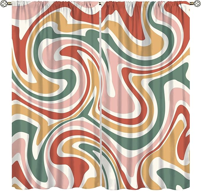 70S Abstract Wavy Swirl Curtain for Bedroom Windows,Retro Boho Minimal Teen Girls Kids Living Room Restroom Window Treatments Drapes 55"" W X 63"" L, Style-4