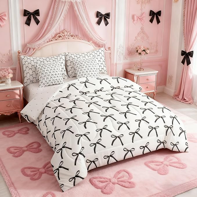 Manfei 7 Pieces Cartoon Bowknot Kids Comforter Twin Size,Bow Tie Geometric Patchwork Modern Girls Bedding Set,Bow Butterfly Knot Black White（Comforter+Fitted+Flat+2 Pillowcases+2 Throw Pillow Covers）