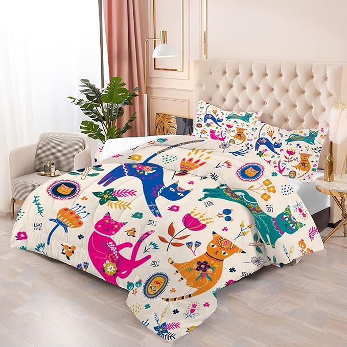 Cat Comforter Set Twin: Cute Floral Cats Twin Bedding Sets for Girls Kids Teens Toddler Cartoon Flowers Kawaii Animals Print Quilt Duvet Bed Set with 1 Comforter & 1 Pillowcase