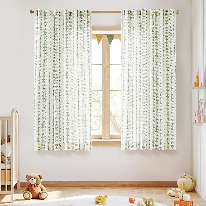 jinchan Linen Nursery Curtains for Living Room Boho Curtains for Bedroom Kids Room 63 Inches Long Geometric Printed Farmhouse Drapes Rod Pocket Window Treatment Curtain Set of 2 Panels Green