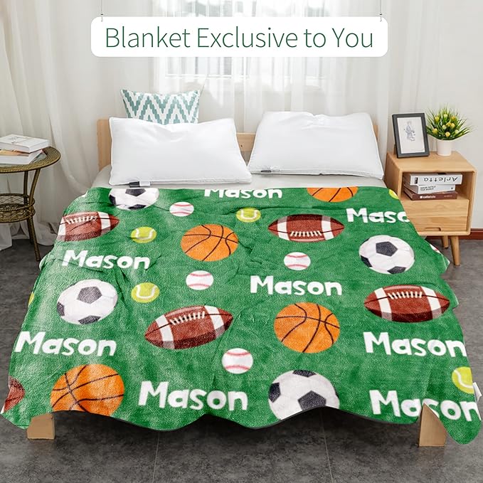 Personalized Ball Blanket with Name for Boys, Custom Name Blanket for Kids Ball, Soft Flannel Ball Toddler Blanket Customized Gift for Birthday Christmas Baby Shower Newborn Gift 30x40in