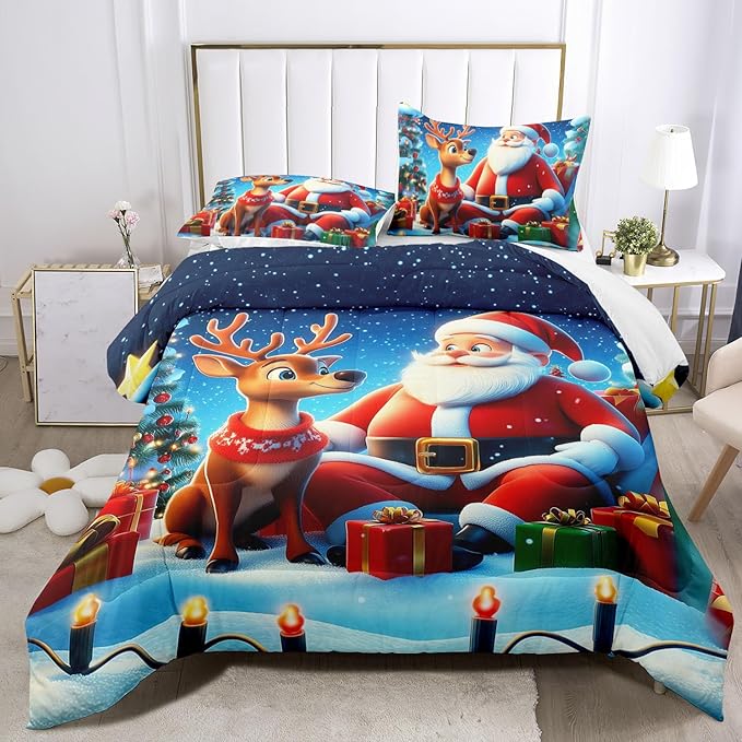 Raphus cucullatus Christmas Bedding Queen,Christmas Comforter Set,Santa Claus Decor Holiday Bedding Winter Quilt,Santa Claus Comforter Set,Snowflake Navidad Quilt Set,Cute Reindeer Quilt