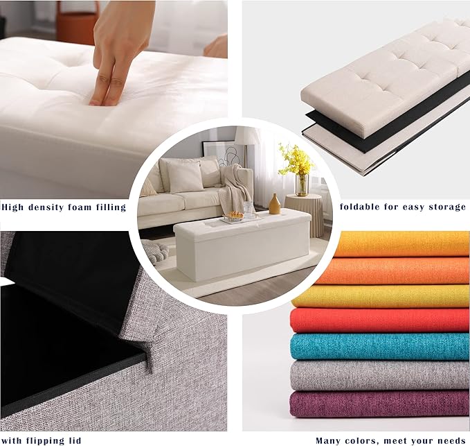 CUYOCA Storage Ottoman Bench Foldable Seat Footrest Shoe Bench End of Bed Storage with Flipping Lid, 75L Storage Space, 30 inches Linen Fabric Navy