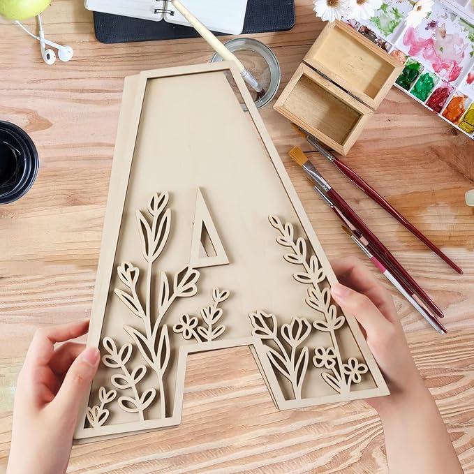 Layered 12 Inch Large Wooden Letters for Wall Decor, Flowered Paintable Wooden Nursery Letters for Crafts Wood Alphabet Letter S for Birthday Boho Nursery Name Sign Wedding Home Decoration