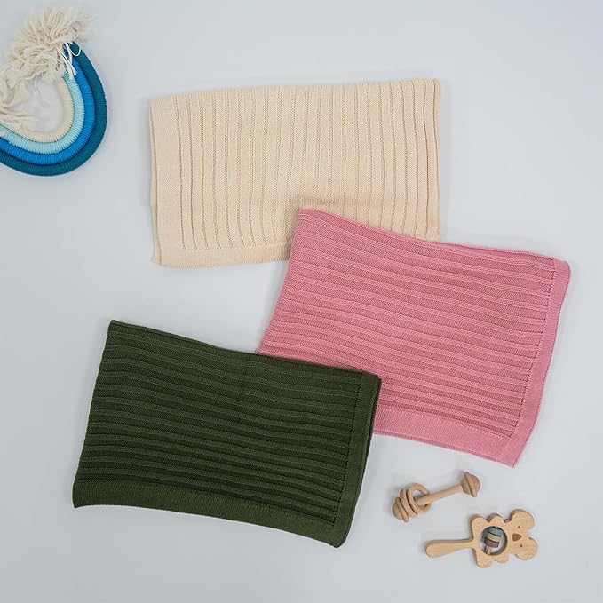 Baby Knit Blanket, 100% Cotton Ribble Patterns, Soft, Cozy, Lightweight Swaddle for Newborn & Infant Swaddling Beige Neutral, Perfect Baby Shower Ideas Sage Green 30x40
