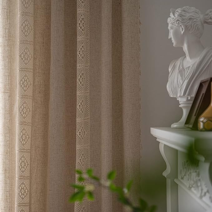 ENJOYBRIDAL Beige Curtains Crochet Lace Patchwork Drapes Curtains 96 Inch Length 2 Panels Tassel Rod Pocket Semi-Sheer Boho Bedroom Living Room Farmhouse Rustic Window Curtain Panels