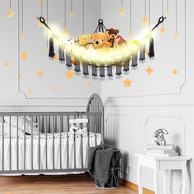 Stuffed Animal Hammock with LED Light, Large Stuffed Animals Storage Corner Plushie Net for Kids Room Decor, Jumbo Black