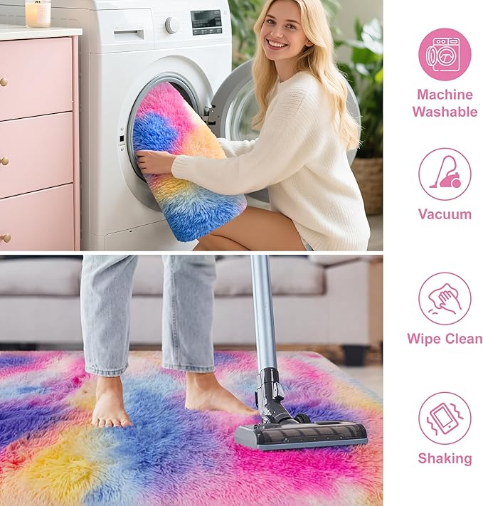 Rainbow Area Rugs 3x5 ft,Tie-Dyed Unicorn Fluffy Fuzzy Shaggy Carpet Soft Plush Furry Rug,for Bedroom Living Room Indoor Floor Rug Kids Girls Boys Home Decor Aesthetic, Dorm Nursery