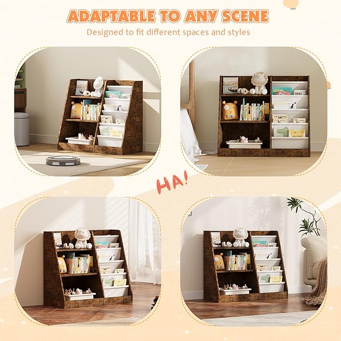 NACHES 3 Tier Kid Bookshelf Wooden 4 Sling Children Bookcase Adjustable Toddler Book Rack Display Toy Storage Organizer Book Display Shelf Stand Classroom Bedroom Nursery Playroom,25 inch(Rustic)