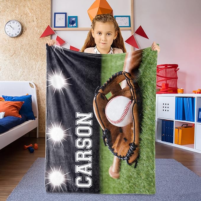 Baby Boys Personalized Baseball Blanket - Custom Name and Number - Soft Warm and Fluffy Flannel Fabric Gift for Sports Lovers 50x60inch