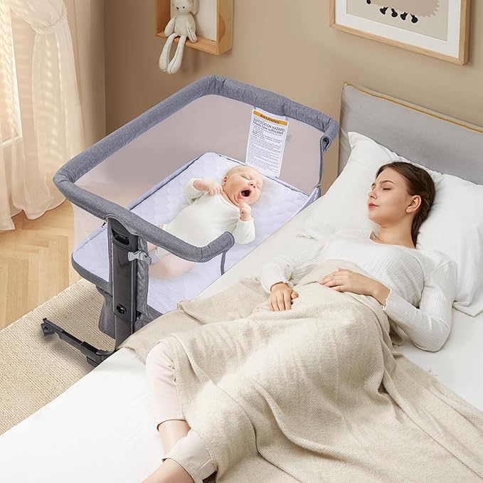 Bedside Bassinet, 3-in-1 Baby Bassinet Bedside Sleeper with Mosquito Net, Adjustable Height, Portable Baby Crib with Wheels, Breathable Mesh & Storage Basket