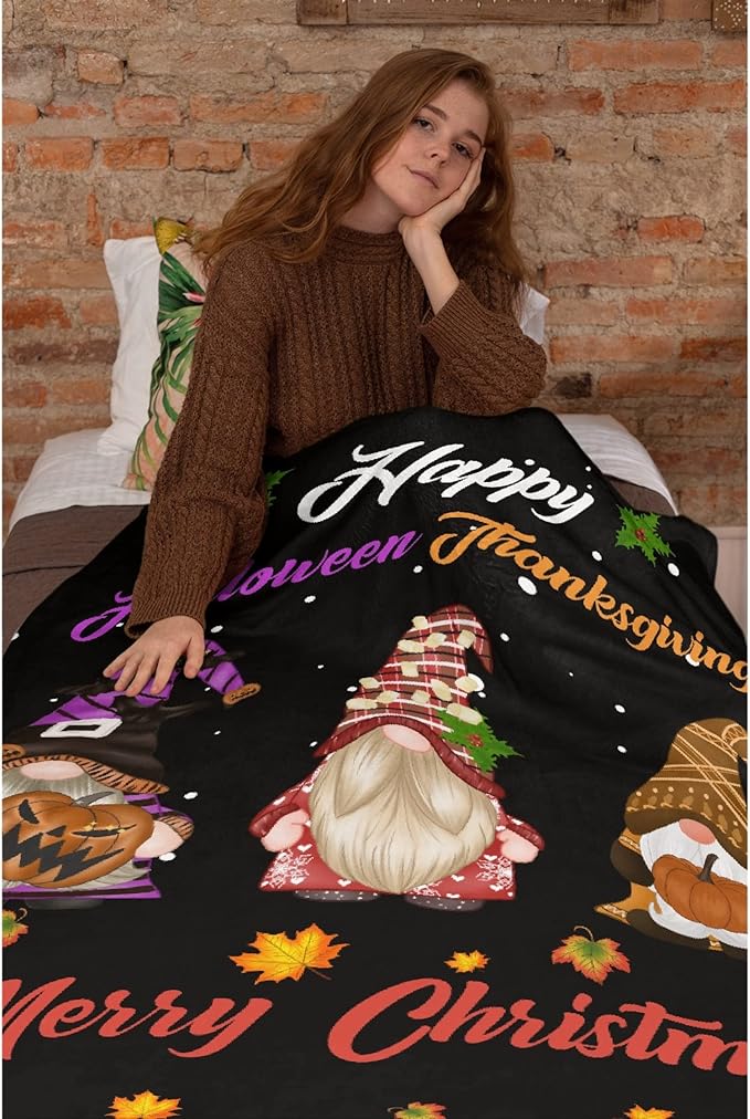 Thuswarm Happy Halloween Thanksgiving Christmas Flannel Throw Blanket Soft Warm Gnomes Print Blankets for Bed Couch Sofa Room Decoration Gifts 40”×30” XSmall for Pets