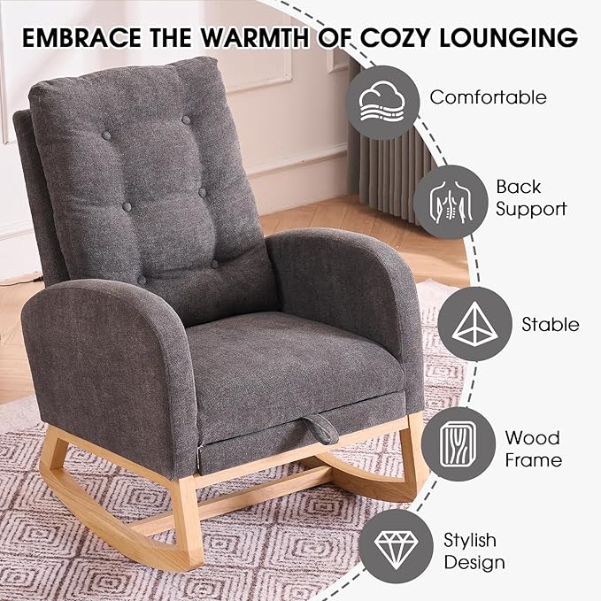 NIOIIKIT Nursery Rocking Chair, Linen Upholstered Glider Chair with Footrest, Tufted Rocker Recliner with Side Pocket, Comfy Recliner Glider, Accent Chair for Living Room (Grey Linen)