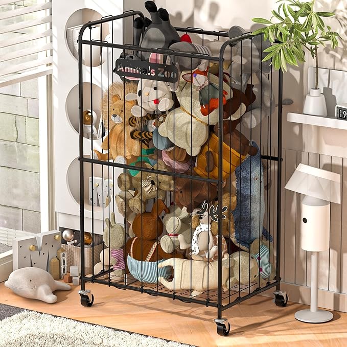 210L Stuffed Animal Storage Organizer Plush Toy Storage Organizer Stuffed Animal Toy Holder, Kids Toy Bins with Wheels, Metal Frame and Elastic Cord Design, Suitable for Storage of Big Toys
