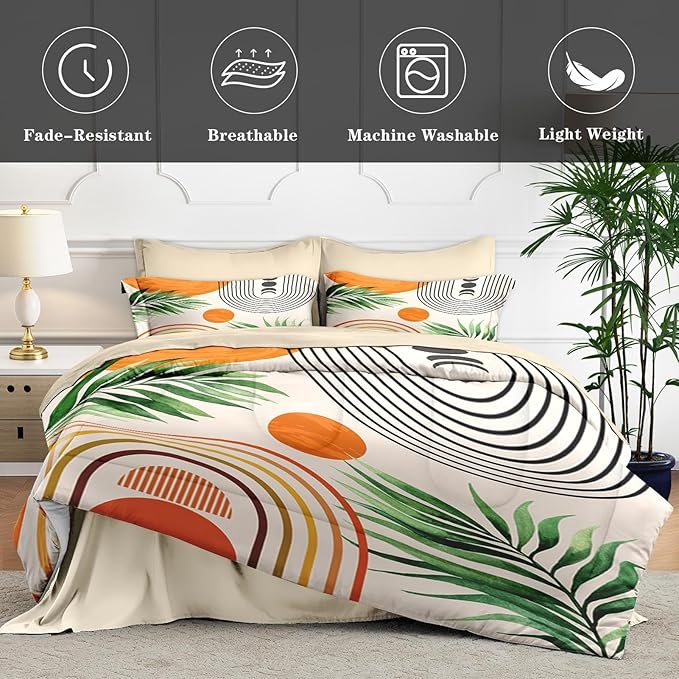 7 Pcs Queen Size Comforter Set with 2 Pillowcases & 2 Shams, Contemporary Mid Century Bedding for Kids and Adults, Rainbow Sun Boho Geometric Bed in a Bag with Flat Fitted Sheet