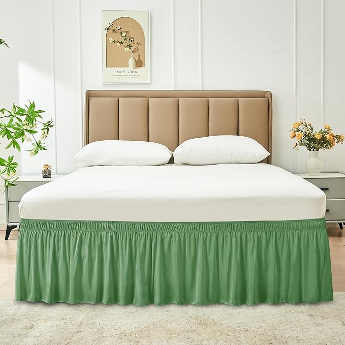 Biscaynebay Wrap Around Bed Skirts for King & Cal King Beds 19" Long Drop, Sage Adjustable Elastic Dust Ruffles Easy Fit Wrinkle Resistant Silky Luxurious Fabric Machine Washable