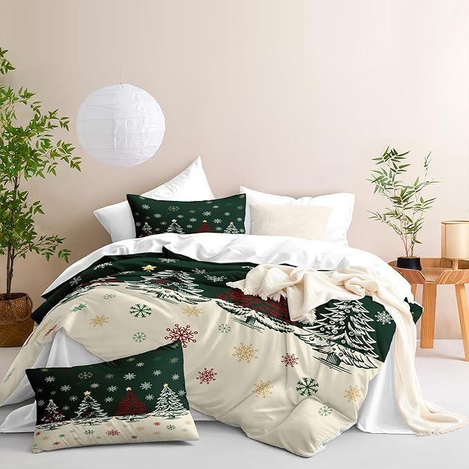 Christmas Duvet Cover Queen Size Green Christmas Tree Bedding Set 3 Pcs Kids Boys Girls Xmas Holiday Cartoon Snowflake Comforter Cover with Zipper Closure (No Comforter)