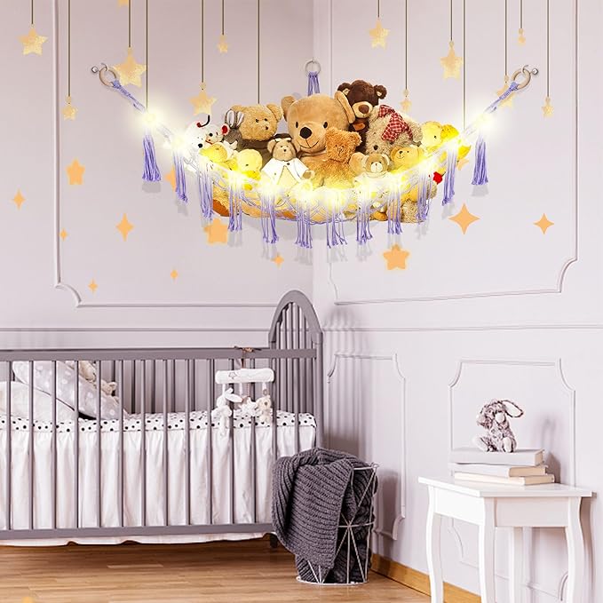 Stuffed Animal Hammock with LED Light, Large Stuffed Animals Storage Corner Plushie Net for Kids Room Decor, Purple