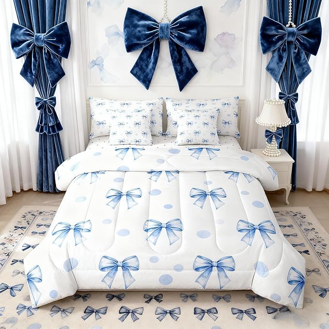 7 Pieces Blue Bowknot Kids Comforter King Size,Geometric Dots Bow Tie Patchwork Romantic Bedding Set,Bow Knot Princess Cute White Chic（Comforter+Fitted+Flat+2 Pillowcases+2 Throw Pillow Covers）
