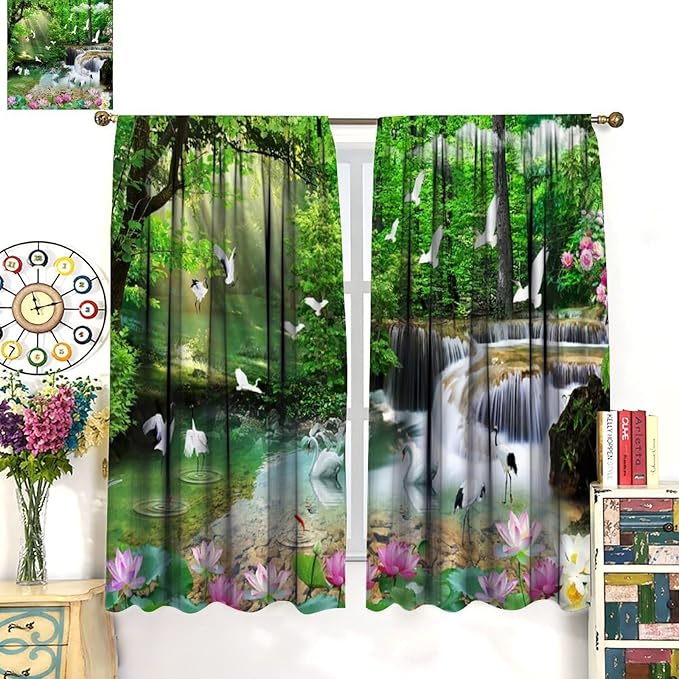 Nature Blackout Curtain, Waterfall Landscape Forest Swan Fish Pattern Rod Pocket Window Drapes, for Bedroom Living Room 63" W X 63" L
