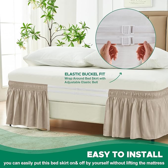 Biscaynebay Wrap Around Bed Skirts for Queen Beds 17" Long Drop, Light Camel Adjustable Elastic Dust Ruffles Easy Fit Wrinkle & Fade Resistant Silky Luxurious Fabric Solid Machine Washable