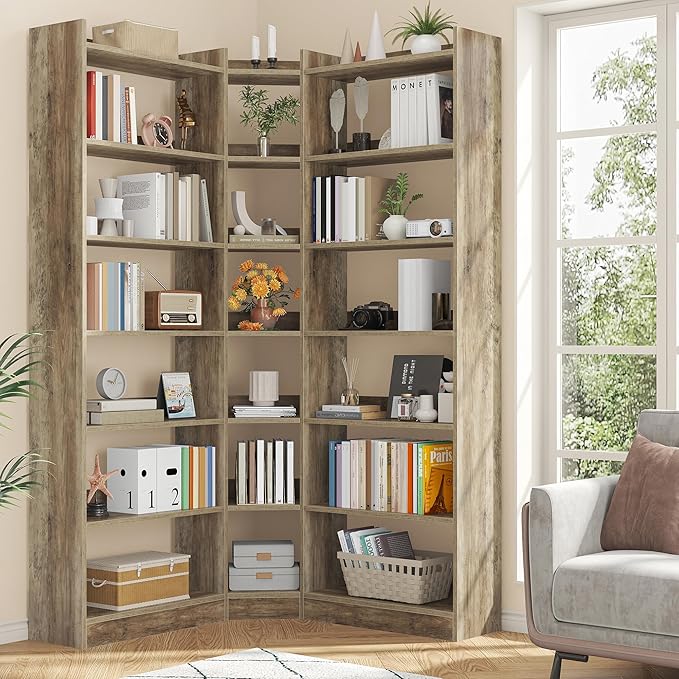 70.8" Tall Corner Bookshelf and Bookcases, 7 Tiers Morden Large Etagere Bookcases Storage Display Rack with Baffle, Industrial L-Shaped Bookshelves for Bedroom, Home Office, Living Room, Brown