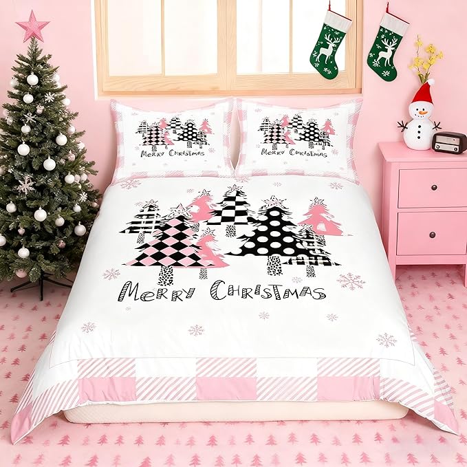 Merry Christmas Duvet Cover Set Full Size, Pink Plaid Xmas Trees Bedding Set 3pcs, New Year Holiday Quilt Cover with Zipper Closures, Kids Girls Santa Claus Room Decor, 2 Pillowcases, No Comforter