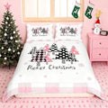 Merry Christmas Duvet Cover Set Queen Size, Pink Plaid Xmas Trees Bedding Set 3pcs, New Year Holiday Quilt Cover with Zipper Closures, Kids Girls Santa Claus Room Decor, 2 Pillowcases, No Comforter