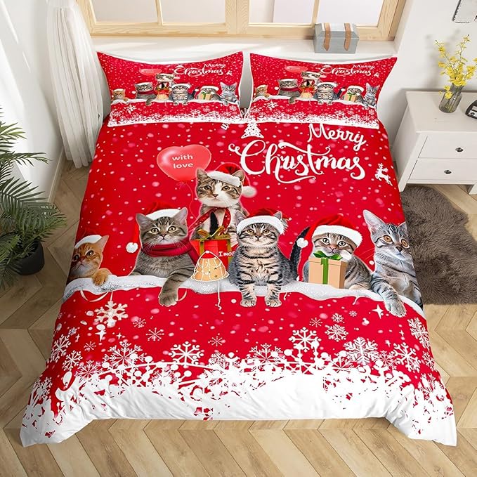 Merry Christmas Cat Bedding Set Xmas Snowflake Pet Cats Duvet Cover For Kids Children Teens Cute Kitten Comforter Cover 3D Animal Red White Bedspread Cover Bedroom Decor Quilt Cover 2Pcs Twin Size