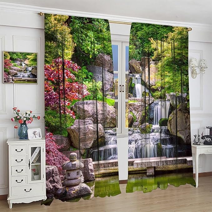 View Waterfall Blackout Curtains, Forest Waterfall Retro Style Natural Scenery Garden Art Landscape Rod Pocket Window Drapes, for Living Room Bedroom 42" W X 45" L