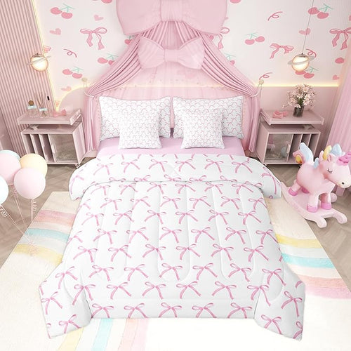 7 Pieces Cartoon Bowknot Kids Comforter King,Pink Bow Tie Butterfly Knot Princess Bedding Set,Watercolor Bow Patchwork Pink White（Comforter+Fitted+Flat Sheet+2 Pillowcases+2 Throw Pillow Covers）