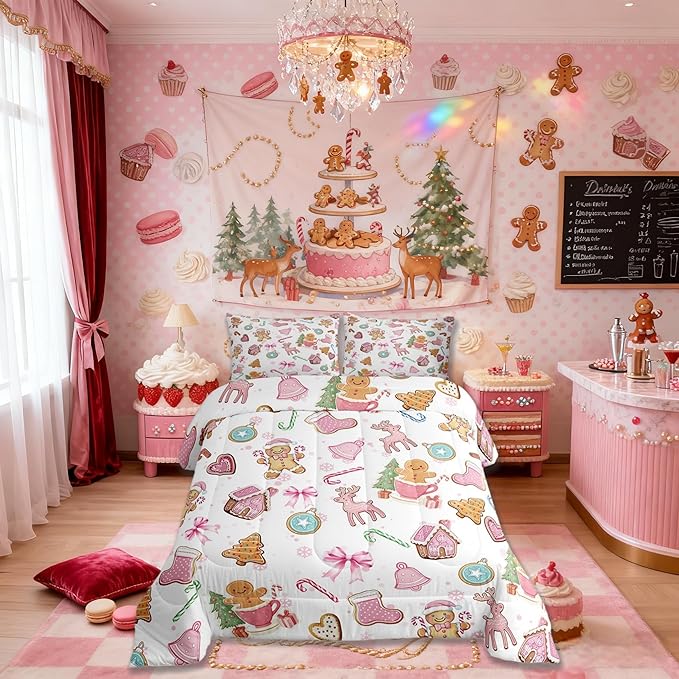 Cute Bow Tie Comforter Set Full Size,Pine Tree Merry Christmas Elk Deer Kids Bedding Set,Bowknot Gingerbread Man Snowflake Quilt Comforter,Pink White Colorful Duvet Insert,2 Pillowcases