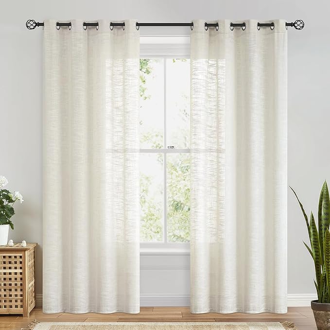 FMFUNCTEX Linen Semi Sheer Curtains for Living Room, Natural Curtains 108 Inches Long for Bedroom, Farmhouse Sheer Extra Long Drapes, Light Filtering Window Curtain, Grommet Top 2 Panels