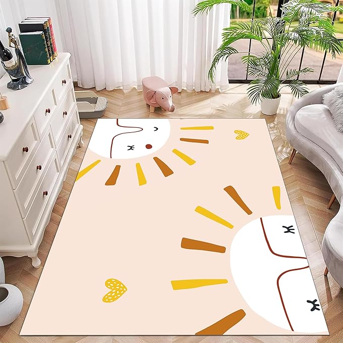 Children's Rug Living Room Plush Area Rugs Educational Rugs Soft Washable Non-Slip Rugs Simple Cute Sun and Love Prints Kids Room Nursery Decor Pink Rugs 6x9ft