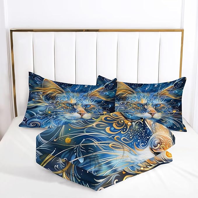 Cat Comforter Set King: Blue Cat Print Bedding Sets Mystic Ethnic Kitten Quilts for Women Men Adults Mandala Boho Exotic Feline Bed Set 1 Comforter & 2 Pillowcases