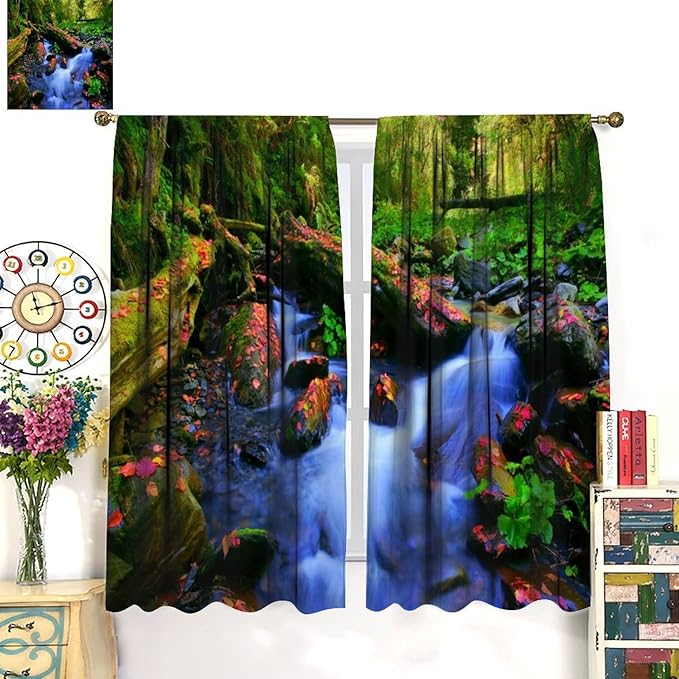 Forest Landscape Blackout Curtains, Natural River Rainforest Waterfalls Plant Print Pattern Window Drapes, for Bedroom Living Room 42" W X 45" L