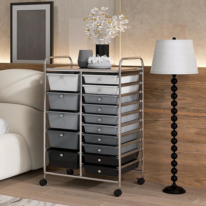 RELAX4LIFE 15-Drawer Storage Drawer Carts - Mobile Rolling Utility Cart w/Wheels, Craft Organizer for Classroom Organization and Storage, School, Office, Home, Storage Organizer Cart (Gradient Black)