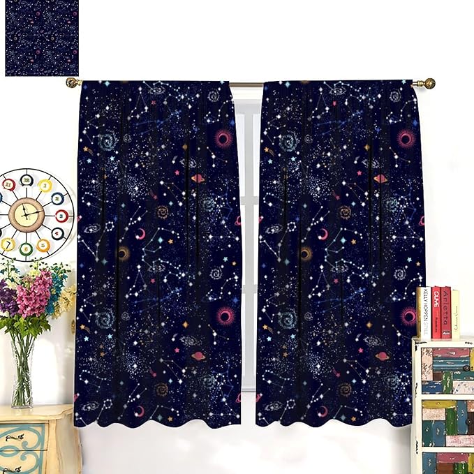 Kids Galaxy Curtains, Fantasy Stars Outer Space Universe Planets Print Window Treatments for Boys Girls Bedroom Nursery Playroom 63" W X 72" L