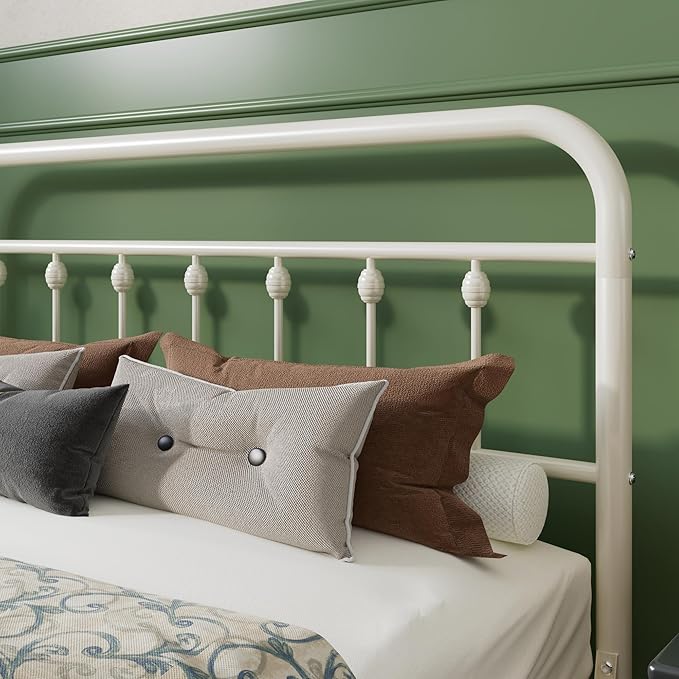 SHA CERLIN King Size Metal Platform Bed Frame with Victorian Style Iron-Art Headboard and Footboard, Easy Assembly, Under Bed Storage, No Box Spring Required, White