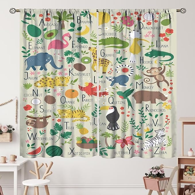 Kid Alphabet Curtains Funny Cartoon Animal Cute Educational Learning Colorful Curtain with Rod Pocket for Bedroom Living Room Decor Drapes Window Treatments 2 Panels Set 72" W X 63" L