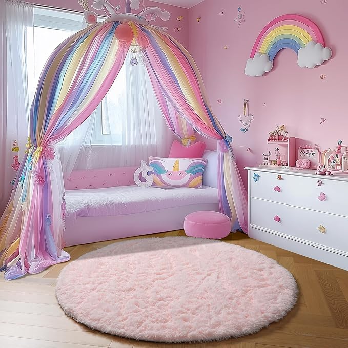Amdrebio Pink Round Area Rugs 7Ft for Girls Bedroom Decor, Fluffy Large Circle Rug for Living Room, Kids Room, Teen, Fuzzy Plush Carpets for Baby Nursery, Dorm, Classroom, Big Indoor Kawaii Play Rug