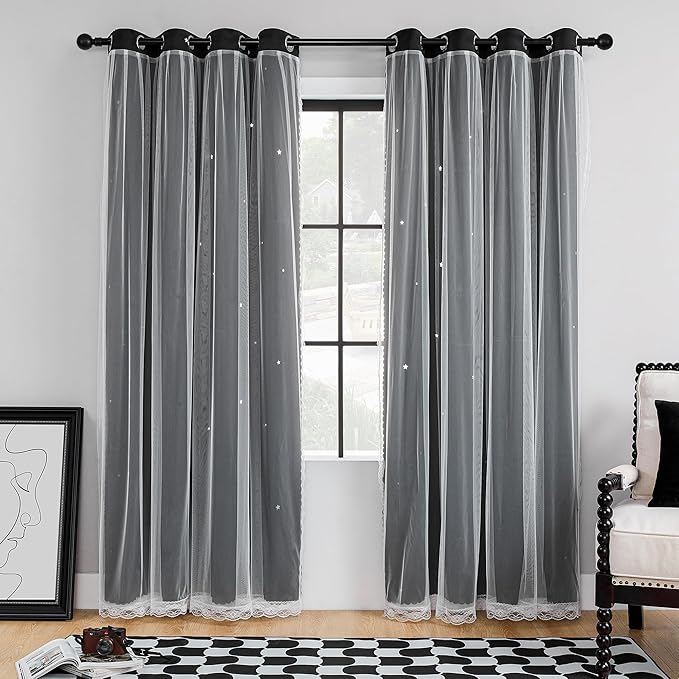 XiDi Black Out Curtains for Bedroom, Curtains for Girls Bedroom Decor, Unicorn Curtains for Kids Room, Black and White Curtains for Living Room 96 inchs Long 52 inches Wide 2 Panel Black