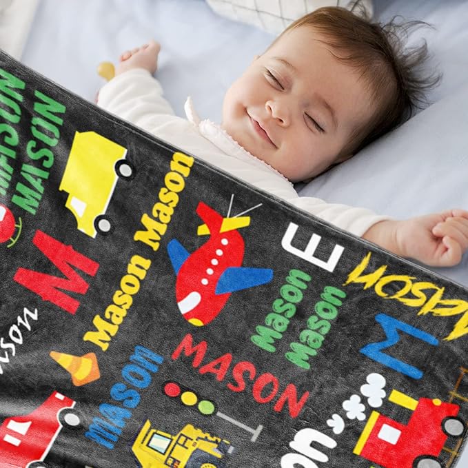 Personalized Blanket with Name for Boys, Custom Name Blanket City Car Transport, Soft Flannel Teen Blankets Customized Gift for Birthday Christmas-50x60in
