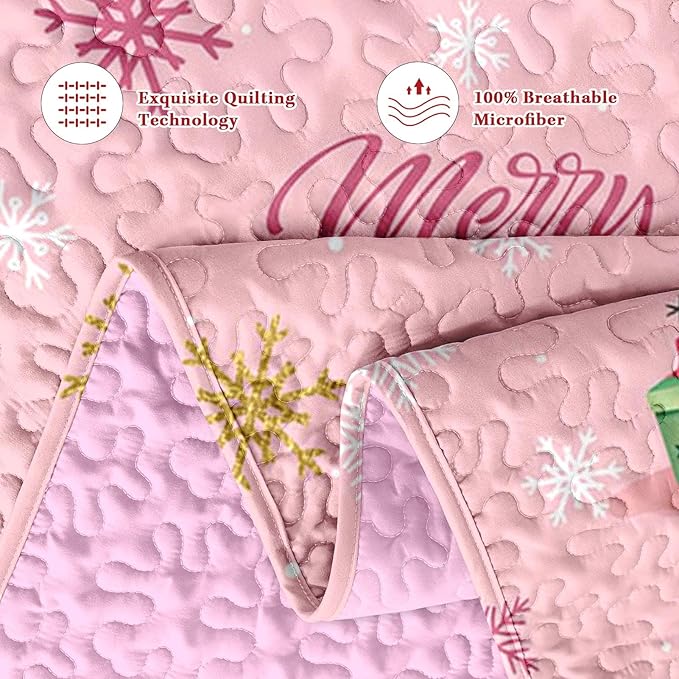 Christmas Full/Queen Size Quilt Set, Black Cat Xmas Trees Lightweight Bedspread Coverlet with Pillow Shams for Kids and Adults, Pink Snowflakes 3 Pcs Bedding Bed Cover
