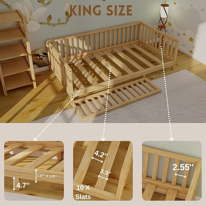 Montessori Floor Bed Designed with Open Front for Girls and Boys | Pine Wood Natural Solid Frame Beds Footed Model with Slats | Sturdy Designed Floor Bed Frame for Kids (King, Height : 23 Inches)