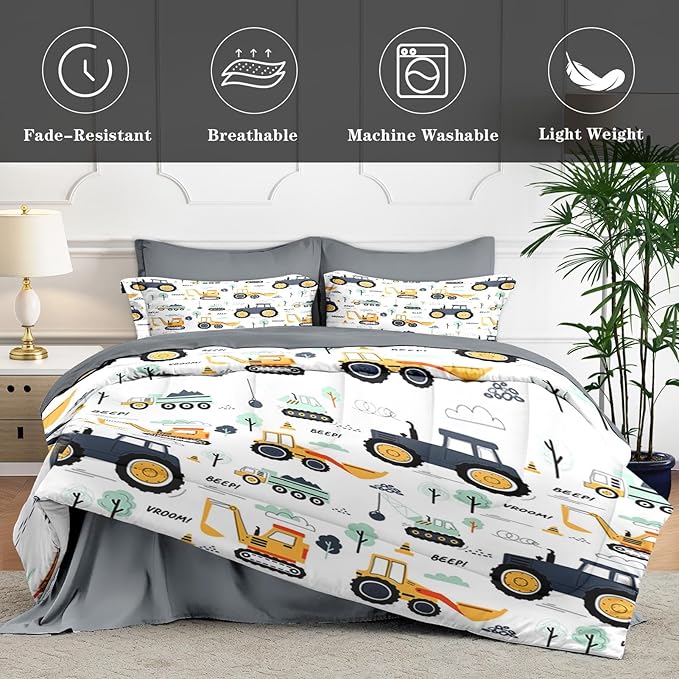 7 Pcs Full Size Comforter Set with 2 Pillowcases & 2 Shams, Tractor Bedding for Kids and Adults, Construction Truck Bedding Set with Flat & Fitted Sheet