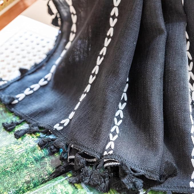 Deeprove Black Boho Curtains 108 inches Long for Bedroom Living Room, Vintage Bohemian Style Embroidery Stripe Tassel Farmhouse Cotton Linen French Door Window Treatments Decor, W52 x L108, 1 Panel