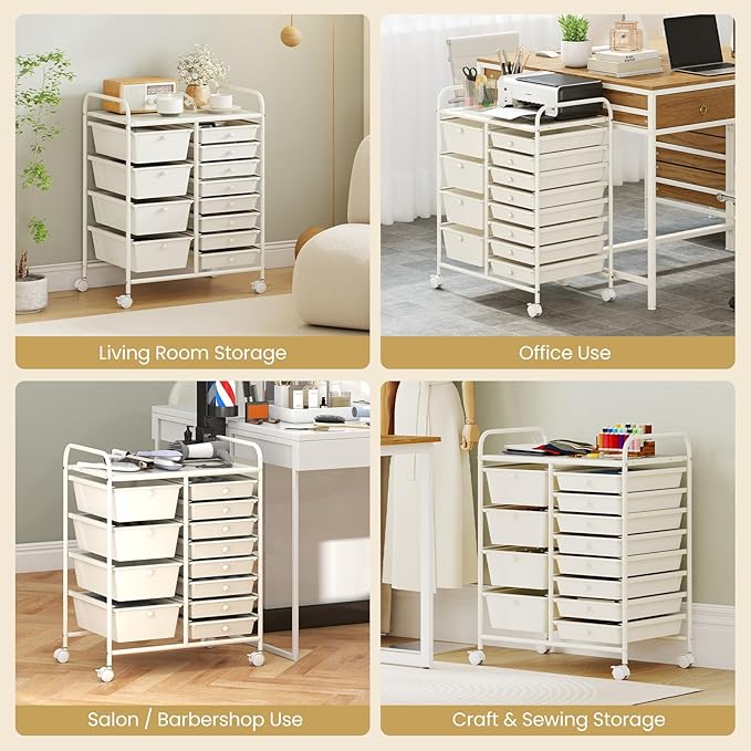 RELAX4LIFE 12-Drawer Rolling Storage Cart - Mobile Utility Drawer Carts with Wheels, Craft Organizers Cart for Classroom Organization and Storage, School, Home, Office