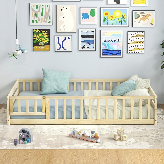 Giantex Twin Floor Bed with Door & Fence, Kids Wood Montessori Beds with Safety Guardrails, Floor Bed Twin for Kids, Boys, Girls, No Box Spring Needed, Natural